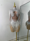 Women Sexy Long Sleeve Spandex Beading Tassels Skiny Bodysuit Performance Dance Costume Nightclub Party Outfit