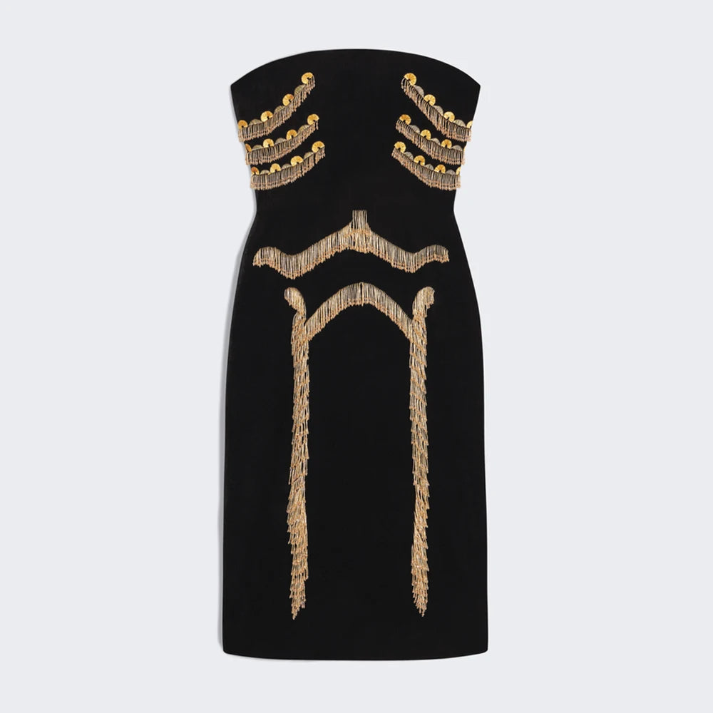 Chic Spliced Tassel Stapless Dress for Women Sleeveless High Waist Patchwork Sequined Luxurious Runway Style Dresses Female