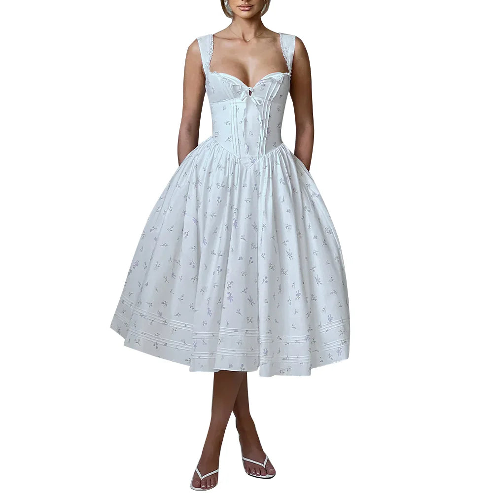Hit Color Printing Spliced Lace Up Dresses for Women Square Neck Sleeveless High Waist Dresses Female Fashion