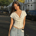 Women Summer Top Fashion Button-Front Patchwork V-Neck Pleated Fitted Top New Casual High-Street Party Female T-Shirts