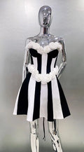 Women's Spring 3D White Rose Black White Striped Tube Top Skirt Fashion Elegant Dinner Party Bandage Performance Gown Robe Femme