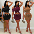 Metal Ring Hollow 2-Piece Set Women Irregular Skew Collar Crop Top+Peach Hip Skirt Matching Sexy Clubwear  Outfits