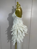 Luxury Rhinestone Sexy Halter Feather White Mini Dress Celebrate Evening Party Birthday Dress Stage Performance Dance Costume