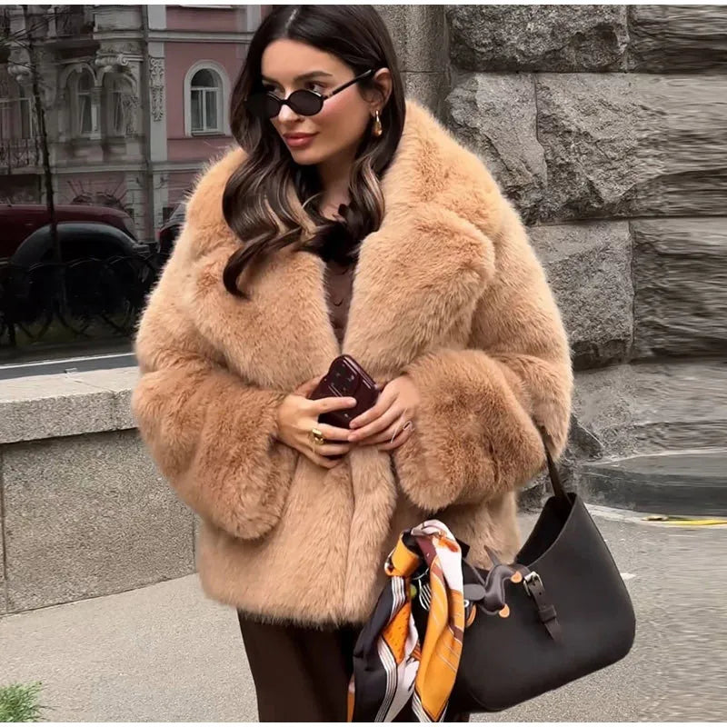 Solid Fashionable Fuax Fur Jacket for Women Lapel Long Sleeves Slim Spliced Lace Up Coat Female Winter Clothing New
