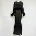 Formal Feather Cape Sleeve Maxi Dress for Women O Neck Spaghetti Strap Floor Length Long Evening Prom Cocktail Party Gown