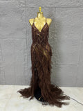 Elegant Brown Floowy Lace Women Sexy Spaghetti Strap V-Neck Tulle Ruffle High Slit Bodycon Outfit Evening Gala Party Costume