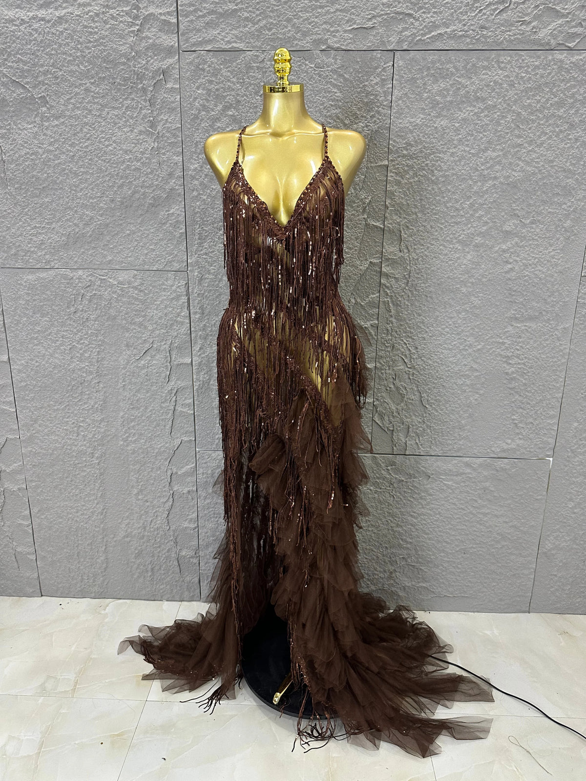 Elegant Brown Floowy Lace Women Sexy Spaghetti Strap V-Neck Tulle Ruffle High Slit Bodycon Outfit Evening Gala Party Costume