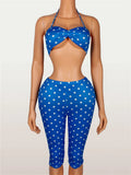 Wild Vacation 2 Piece Set Women Polka Dot Print Halter Tank Tops+Bike Shorts Stretch Matching Street Party Outfits