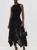 Black Backless Spliced Zipper Dress for Women O Neck Sleeveless Slim Spliced Hollow Out Party Dresses Female Style