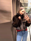 Women's Brown Faux Fur Cropped Jacket Fashion Stand Collar Single Breasted Pocket Casual Coat Lady 2026 Spring Chic Outerwear