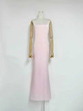 Formal Feather Cape Sleeve Maxi Dress for Women O Neck Spaghetti Strap Floor Length Long Evening Prom Cocktail Party Gown
