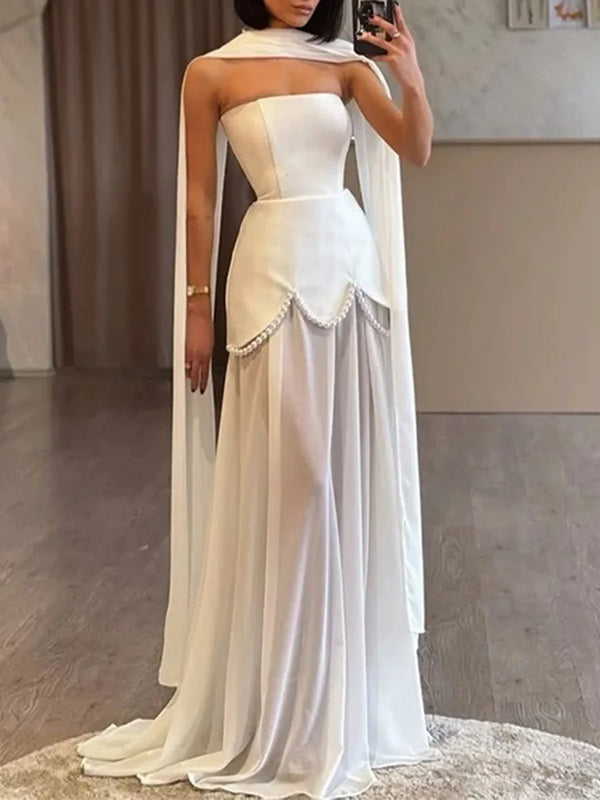 Evening Patchwork Ribbon Dress for Women Strapless Spliced Pearls Decoration Slim Fairy Mesh Maxi Dresses Female