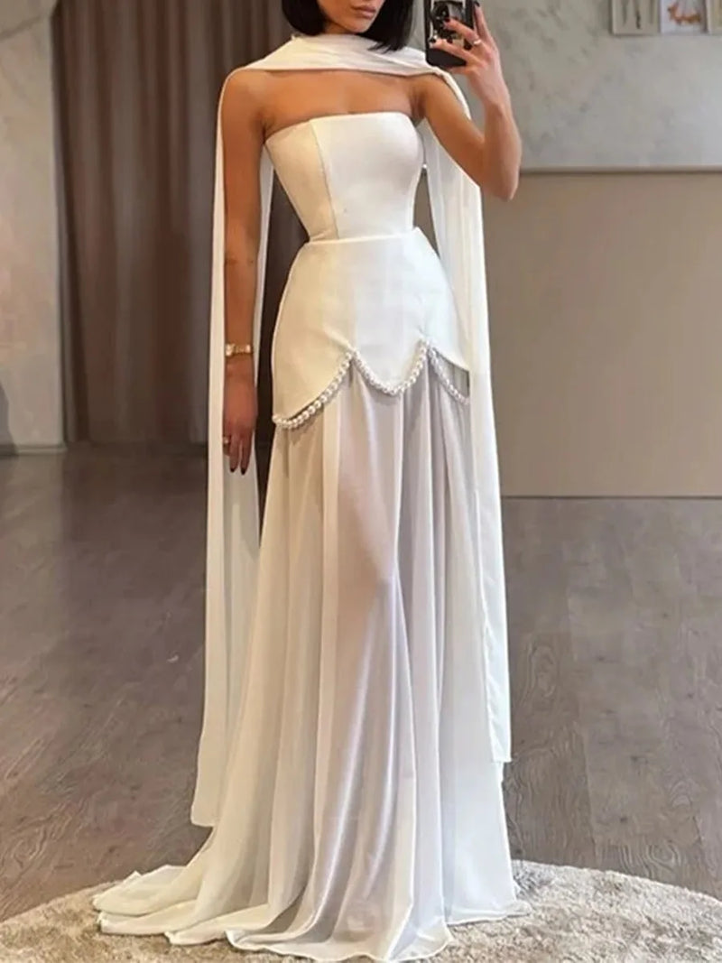 Evening Patchwork Ribbon Dress for Women Strapless Spliced Pearls Decoration Slim Fairy Mesh Maxi Dresses Female