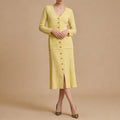 Black Casual Knit Midi Dresses For Women V Neck Gold signle Buttons Accent Textured Fabric Pleated Skirt For Office Commute