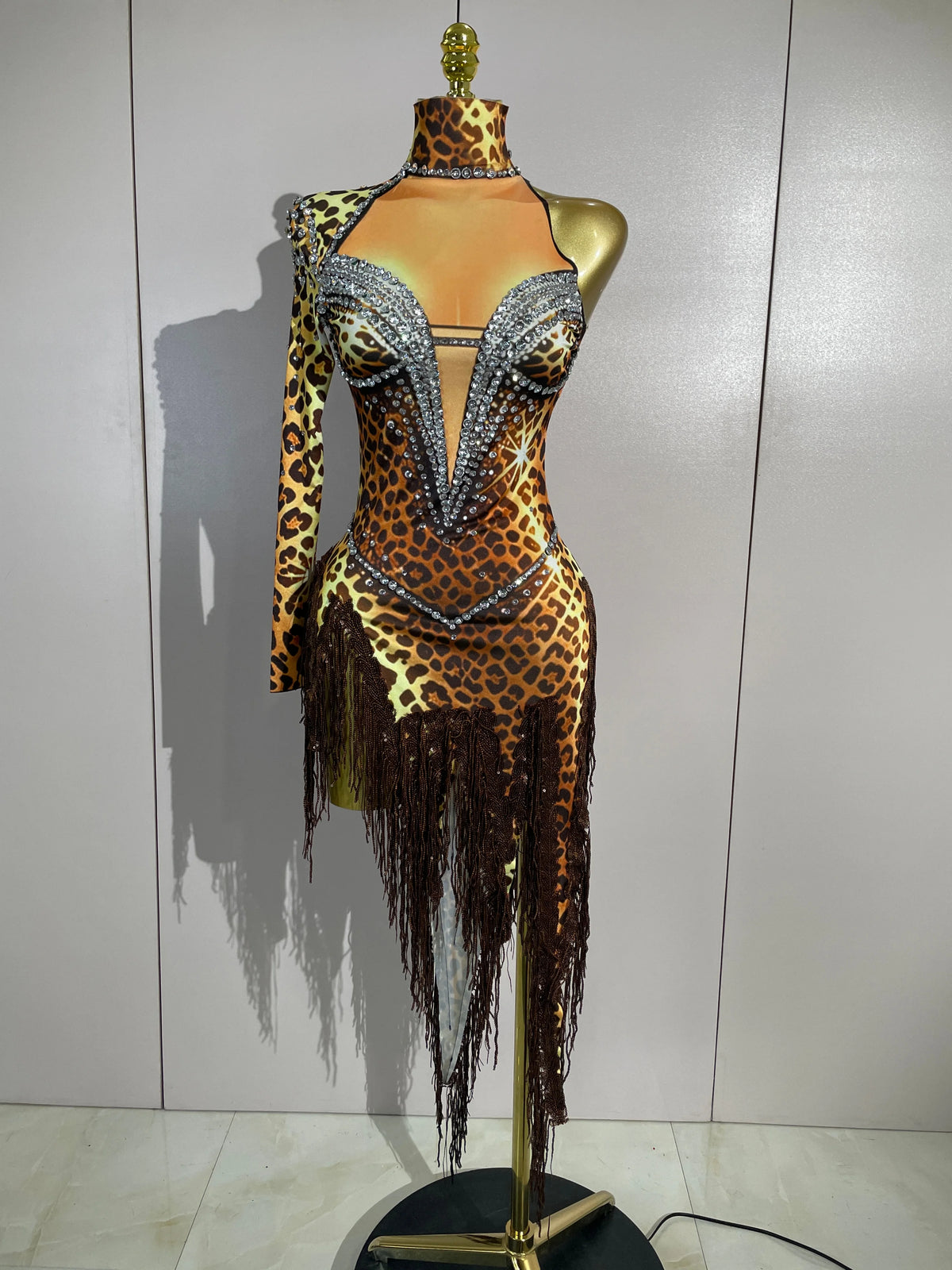 Sexy Leopard Print Stretch Dress Women Sparkly Rhinestones Tassel One Shoulder Latin Dance Outfits Nightclub Party Stage Costume