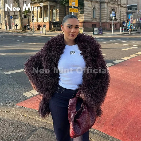 Winter 2026 Trend Burgundy Obsession Long Faux Mongolia Sheep Fur Jacket Coat Women Chic Lapel Collar Fluffy Overcoat