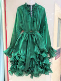 Ruffled Mock Neck Mini Dress for Women Tie Neck Long Sleeve Flare Cuff Self Tie Sash Waist Tiered Ruffle for Party Occasions
