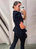 Lace Cutout Peplum Jacket Stand Collar Puff Sleeve Button Front Waist Cinched Outerwear 2026 Summer Fashion Lady Elegant Jacket