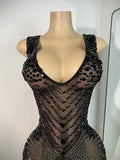 Luxury Rhinestones Mesh Short Dress Women Sexy Transparent Performance Stage Costume Black V Neck Nightclub Birthday Clothes