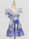 Fashionable Retro Printed Short Dresses for Women Deep Neck Ruffles Sleeve High Waist Patchwork Puff Dress Female Clothing