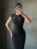Black Burgundy Sexy Mesh Patchwork Bodycon Midi Bandage Elasticity Dress Women's Basic Fashion Club Party Vestidos