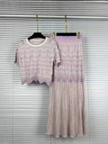 Elegant Two Piece Set For Women Multi Color Hollow Wave Knit Short Sleeve Crew Neck Scallop Hem Maxi Skirt For Daily Commute