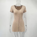 Summer New Knitted Mini Dress Female Elegant V Neck Buttons Short Sleeve Dress High Elasticity Casual Women's Dress