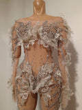 Sexy Sparkly Diamond Sequins Long Sleeves Mesh Sheer Stretch Jumpsuit Women Evening Birthday Party Bar Nightclub Stage Show Wear