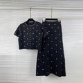 Elegant Beaded Two Piece Set for Women Round Neck Short Sleeve Cropped Top A Line Maxi Skirt for Office Daily Party Suit