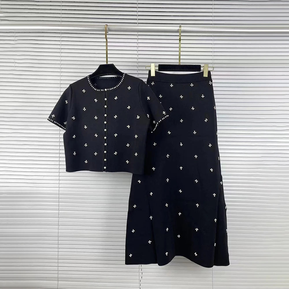 Elegant Beaded Two Piece Set for Women Round Neck Short Sleeve Cropped Top A Line Maxi Skirt for Office Daily Party Suit