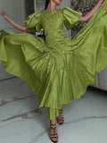 Solid Spliced Drawstring Folds Designer Maxi Dress for Women O Neck Puff Sleeve High Waist Elegant Party Dresses Female New