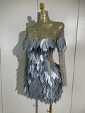 Women Eveing Party Luxury Birthday Nightclub Stage Wear Sparkly Diamond 3D Acrylic Leaf Long Sleeves Mesh Transparent Mini Dress