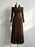 Elegant Women Folds Solid Slim Maxi Dresses Women Halter Neck Long Sleeve High Waist Long Dress Female Party Prom Gowns