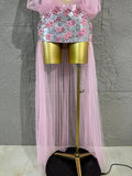 Women Sheer Mesh Rhinestone Skirt Long Tulle TrainSexy Costume For Club Party Stage ShowEvening Performance Events