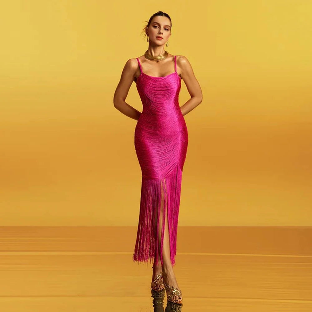 High Quality Fashion Fringe Rose Red Spaghetti Strap Long Dresses Women'S Tassel Celebrity Bandage Dress Prom Vestidos