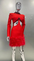 2026 Luxury Ostrich Feather Glam Hollow Red Bandage Dress Christmas Party Dinner Performance Wear Cocktail Formal Evening Gown