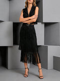 White Fringe Modern Two Piece Set for Women Nitched Collar Sleeves Tank Top Tiered Designmid Skirt Suit for Art Exhibitions