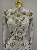 New High-end Elegant Evening Gown AB Rhinestones Pearls Luxury Long Sleeves Mesh Dress Women Cocktail Party Wedding Costume