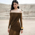 Sexy Sheer Mesh Maxi Dress for Women Slash Neck Long Sleeve High Waist Patchwork Folds Slimming Dresses Female New