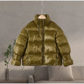 Stand Neck Glossy Surface Padded Cotton Short Coat Women Full Sleeve Thicken Pockets Jackets Coat Female Winter Chic Streetwear