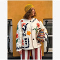 Colorful Flower Printed Pattern Cardigan Women O Neck Long Sleeves Patch Pockets Loose Short Coat Women Daily Commute Outwear