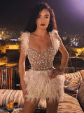 2026 Women's Heavy Industry Beaded Feather V-neck Waist-cinched Short Dress Luxury Haute Couture Party Evening Performance Gown