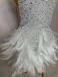 Women Luxury Rhinestones Pearls Feathers Halter Backless Short Dress Women Sexy Celebrate Birthday Dress Nightclub Stage Costume