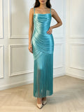 Glam Shiny Spaghetti Strap Cowl Neck Ruched Wrap Maxi Dress for Women High Split Overlay Fringe Hem Club Party Evening Wear