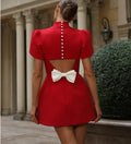 Elegant Bow Hollow Out Mini Dress Women Red Short Sleeve Sexy A-line Dresses Female 2025 Fashion Party Evening Robe White Black