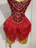 Sparkly Silver Rhinestones Pearl Tassels Bodysuit 2025 New Women Sexy Eveing Birthday Party Nightclub Stage Performance Costume