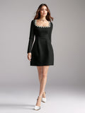 Elegant Mini Square Collar Diamond Evening Dress Short A-Line Long Sleeves White Pocket Princess Prom Gowns 2024 New