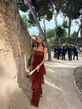 Brown Glitter Chiffon Tiered Maxi Dress Elegant One Shoulder Square Neck Flowy dresses 2026 Summer Formal Wedding  Party gowns