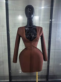 Brown Color Women Long Sleeve Sexy Deep V-Neck Bodycon Mini Bandage Dress Nightclub Party Birthday Outfit Wholesale