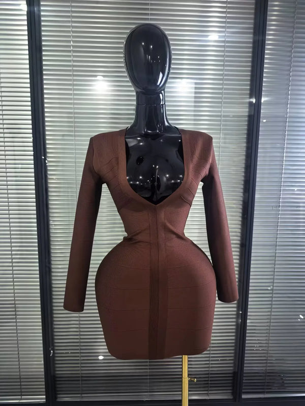 Brown Color Women Long Sleeve Sexy Deep V-Neck Bodycon Mini Bandage Dress Nightclub Party Birthday Outfit Wholesale
